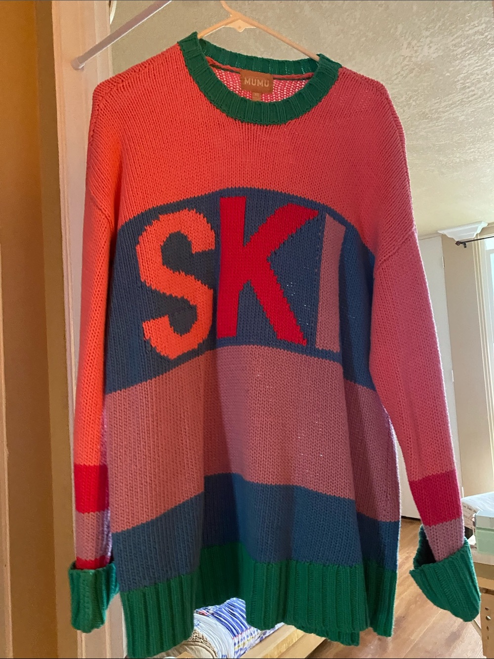 Show Me Your MuMu Coral & Teal Colorblock 'SKI' Crewneck Sweater